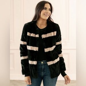 RACHEL PARCELL Black and Pink Striped Faux Fur Jacket - XXS